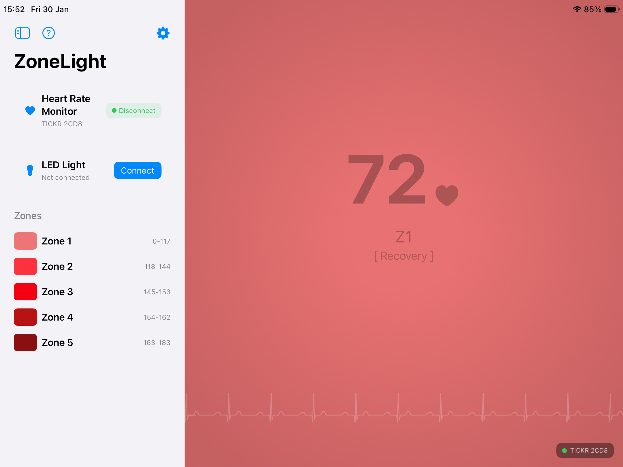 ZoneLight on iPad - Heart Rate Monitoring